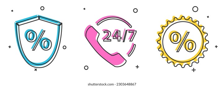 Set Loan percent, Telephone 24 hours support and Discount percent tag icon. Vector