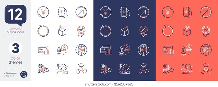 Set of Loan percent, Yen money and Startup line icons. Include Card, Augmented reality, 5g internet icons. Loop, Check investment, Chemical hazard web elements. Internet app, Direction. Vector