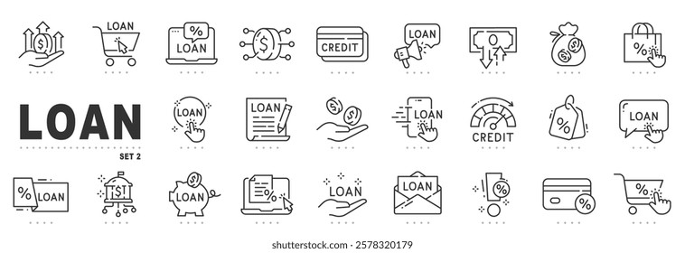 Set of loan related line icons. Mortgage, credit, debt, tax etc. Editable stroke. Set 2