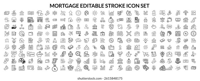 Set of loan related line icons. Mortgage, credit, debt, tax etc. Editable stroke. Big icon Set vector 