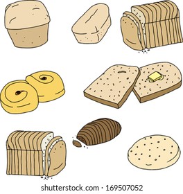 Set of loaves and slices of bread and rolls