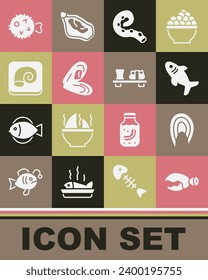 Set Lobster or crab claw, Fish steak, Shark, Octopus of tentacle, Mussel, on plate, hedgehog and Sushi cutting board icon. Vector