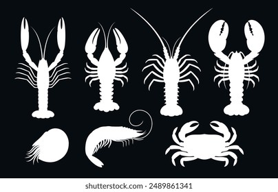 Set of lobster, crab, spiny lobster, shrimp, nautilus, crayfish, langoustine.  Silhouettes. Seafood