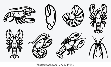 Illustrationen von Hummer und Krebsen in verschiedenen Posen und Stilen