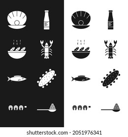 Set Lobster, Fish soup, Shell with pearl, Sauce bottle, Sea cucumber, Caviar on spoon and Grilled fish steak icon. Vector