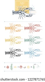 Set of lobster images. Unique hand-drawn silhouettes of lobster+lemon slices, black pepper, tomato, garlic, rosemary, salt. Yellow, grey, blue, green, red, pink. Vector. Isolated on white.