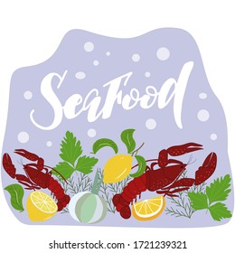 Set of lobster, lemons and leaflets on a blue background in vector graphics. For designing menus, prints for dishes, signboards, notebook covers.