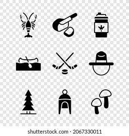 Set Lobster, Peameal bacon, Coffee cup to go, Canadian spruce, Winter hat, Mushroom, Kayak or canoe and Ice hockey sticks and puck icon. Vector