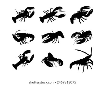 Set of Lobster Silhouette vector illustration. Seafood Lobster black silhouette isolated on a white background.