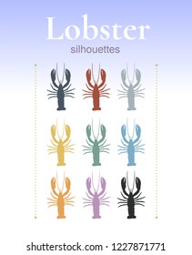 Set of lobster silhouettes. Unique hand-drawn silhouettes of lobster. Yellow, grey, blue, green, pink, orange, red, black. Vector. Isolated on background.
