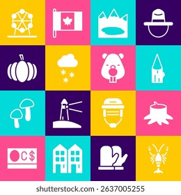 Set Lobster, Tree stump, Wooden log, Canadian lake, Cloud with snow, Pumpkin, Ferris wheel and Beaver animal icon. Vector