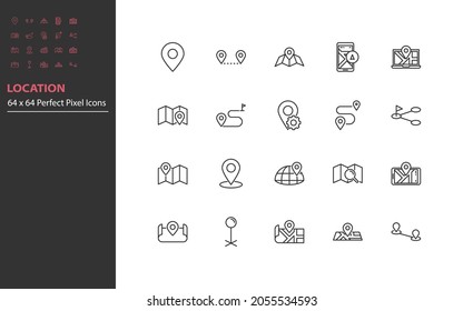 set of locaation line icons, map, nevigation