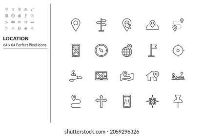 set of locaation line icons, map, nevigation