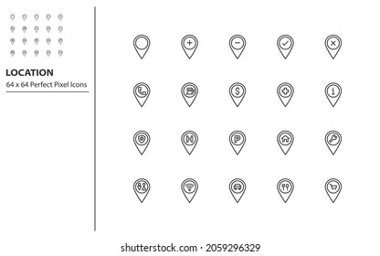 set of locaation line icons, map, nevigation