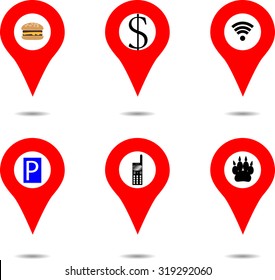 Set of locaction objects money and parking, internet and animals, phone and fast food. Vector graphic illustration