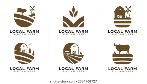 Conjunto de logotipo de granja local. Símbolo de agricultura con planta, vaca, pollo, granero, molino de viento e icono de campo. Colecciones de vectores de ganado