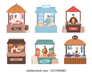 Set of local farmers characters behind stall counters. Local marketing retail business owners in their booths, cartoon vector illustration isolated on white background.