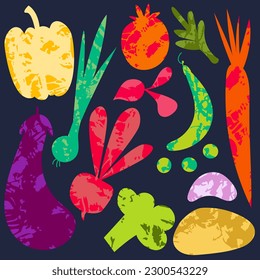Set of local fresh vegetables with texture on a dark background 