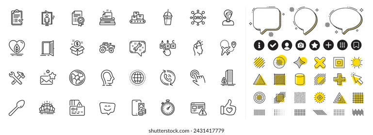 Set of Local grown, Call center and Arena stadium line icons for web app. Design elements, Social media icons. Certificate, Brand ambassador, Coffee cocktail icons. Vector