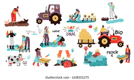 Set of Local organic production. Agricultural workers planting and gathering crops, working on tractor, farm animals, farmhouse and windmill. Flat cartoon vector trendy illustration.