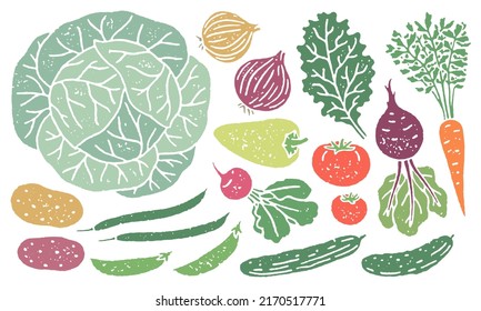 Set of local vegetables and fruits with grainy texture