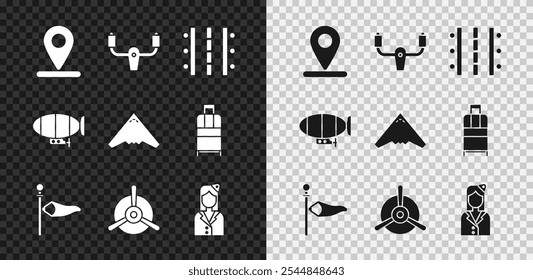 Definir Localização, leme de direção da aeronave, pista do aeroporto, palheta de vento de vento de vento de vento de vento de Cone meteorologia, hélice de avião, aeromoça, dirigível e ícone de caça de jato. Vetor