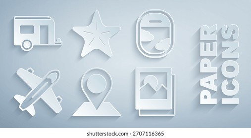 Establecer Locación, ventana de avión, avión, foto, estrella de mar y Rv Camping icono de remolque. Vector