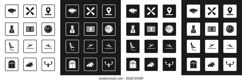 Set Location, Airport board, Stewardess, Airship, Radar with targets monitor, Plane propeller, landing and Airplane seat icon. Vector