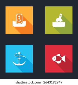 Set Location with anchor, Bottle message in water, Anchor and Fish icon. Vector