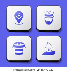 Set Location with anchor, Captain of ship, Striped sailor t-shirt and Yacht sailboat icon. White square button. Vector