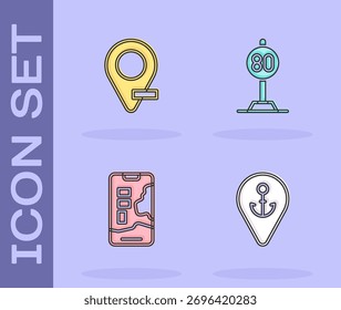 Defina Location (Local) com anchor, , City map navigation (Navegação no mapa da cidade) e Speed limit traffic icon (Ícone de limite de velocidade do tráfego). Vetor
