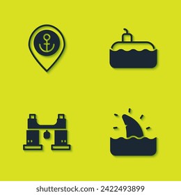 Set Location with anchor, Shark fin in ocean wave, Binoculars and Submarine icon. Vector