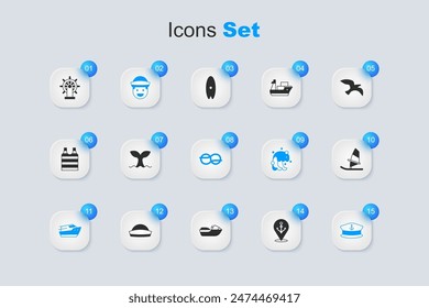 Set Location with anchor, Whale tail, Sailor, Speedboat, Captain hat, Windsurfing, Ship steering wheel and Nautical rope knots icon. Vector