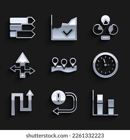 Set Location, Arrow, Graph, chart, diagram, Clock, Pie infographic and  icon. Vector