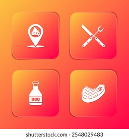 Set Location with barbecue, Crossed fork and knife, Ketchup bottle and Steak meat icon. Vector