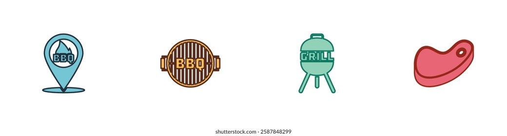 Set Location with barbecue, Barbecue grill,  and Steak meat icon. Vector