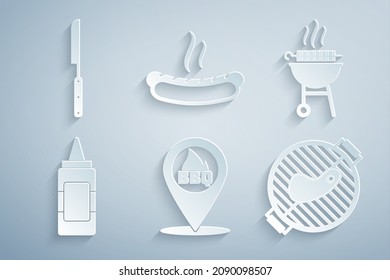 Set Location with barbecue, Barbecue grilled shish kebab, Mustard bottle, steak, Hotdog sandwich and knife icon. Vector