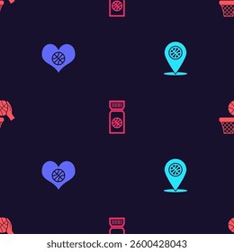 Set Location with basketball ball, Heart, Basketball game ticket and and on seamless pattern. Vector
