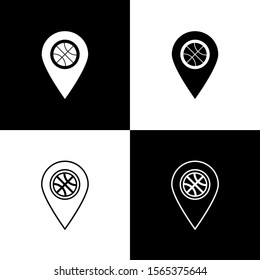 Set Location with basketball ball inside icon isolated on black and white background.  Vector Illustration