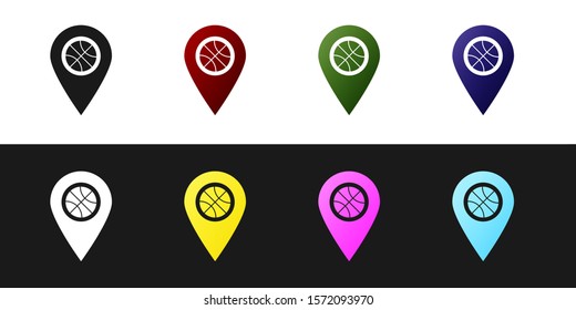 Set Location with basketball ball inside icon isolated on black and white background.  Vector Illustration