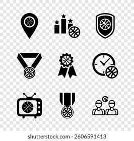 Set Location with basketball ball, Sports winner podium, Shield the, Basketball match tv, medal, players,  and award icon. Vector