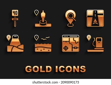 Set Location with beach, Gps device map, and gas station, Infographic of city, mountain, Search location, Road traffic sign and monument icon. Vector