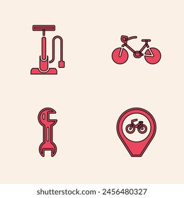 Set Location with bicycle, Bicycle air pump,  and Wrench spanner icon. Vector