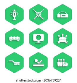 Set Location with bowling ball, Billiard, Bowling pin and, Pool table brush, balls stand, Case for billiard cue and Award cup icon. Vector
