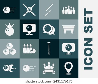 Set Location with bowling ball, billiard, Billiard table, cue, Bowling,  and  icon. Vector
