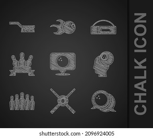 Set Location with bowling ball, Crossed billiard cues and, Bowling, Billiard, pin, Case for and Pool table brush icon. Vector