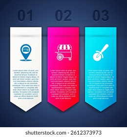 Set Location with burger, Fast street food cart and Pizza knife. Business infographic template. Vector
