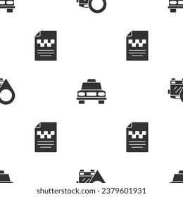 Set Location with bus, Taxi car and driver license on seamless pattern. Vector