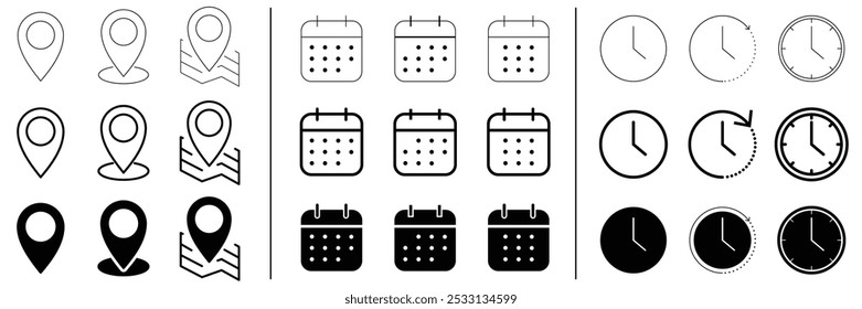 Conjunto de localização, calendário, coleção de ícones do relógio. Ícone de endereço do endereço vetor Ilustração.