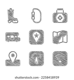 Set Location for camping, Mushroom, Wi-Fi wireless internet, Camping and hiking map, RV motorhome vehicle, First aid kit and Waterproof rubber boot icon. Vector